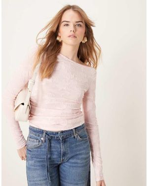 Gina Tricot Jersey Long Sleeve Jacquard Top With Asymmetric Boat Neck - Pink