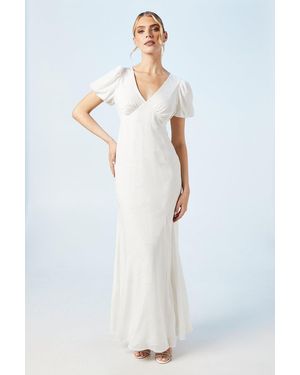 Oasis V Neck Puff Sleeve Satin Jacquard Wedding Dress - White