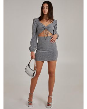 Pink Vanilla Glitter Puff Sleeve Cut Out Dress - Grey