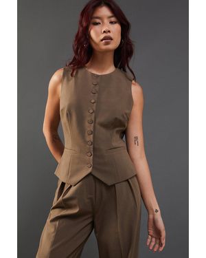 Warehouse Wool Crew Neck Tailored Waistcoat - Brown