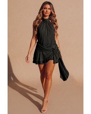 Femme Luxe High Neck Floral Detail Frill Hem Mini Dress -Mayan - Natural