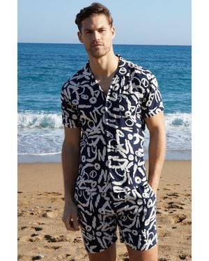 Threadbare 'Langdale' Abstract Print Revere Collar Short Sleeve Shirt - Blue