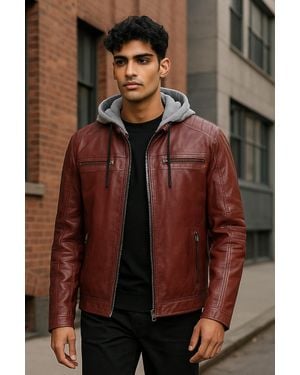 Infinity Leather Ox Hooded Burgundy Biker Lamb Jacket - Brown