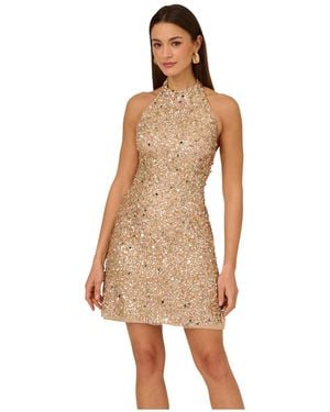 Adrianna Papell Beaded Halter Short Dress - Natural