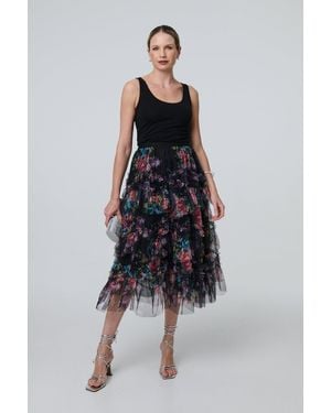 Izabel London Floral Semi Sheer Mesh Ruffled Midi Skirt - Blue