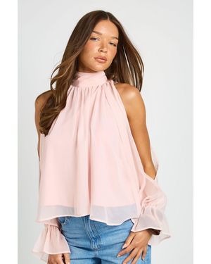 Boohoo Cold Shoulder Blouson Sleeve Draped Top - Pink