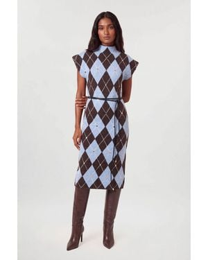 Karen Millen Studded Argyle Wool Blend Cosy Knit Belted Midi Dress - Blue