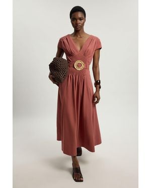 Karen Millen Petite Shirred V Neck Belt Detail Woven Maxi Dress