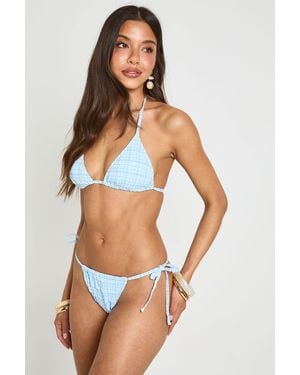 Boohoo Gingham Triangle Bikini Top And Tie Side Bottoms - Blue