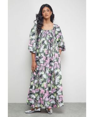 Warehouse Cotton Shirred Square Neck Midi Dress - White