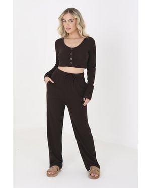 Brave Soul 'Noon' Cropped Long Sleeve & Wide Leg Lounge Set Polyester/Viscose - White