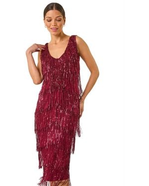 Roman Sequin Tassel Flapper Midi Dress - Red