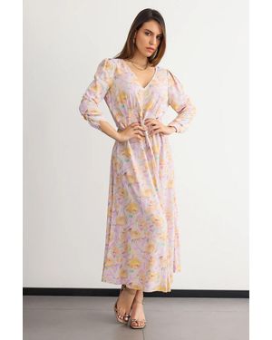 Hiccup Printed Maxi Dress With V-Neck And Ruched Back - Pink