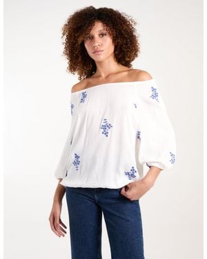 Blue Vanilla Embroidered Puffball Top - White