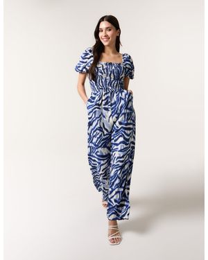 Blue Vanilla Printed Puff Sleeve Jumpsuit - Blue
