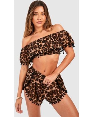 Boohoo Leopard Chiffon Pom Pom Beach Co Ord - Brown