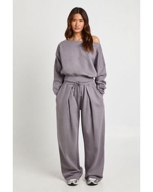 Boohoo Off Shoulder Sweatshirt And Pleated Jogger Tracksuit - Grey