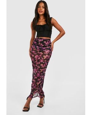 Boohoo Ruched Mesh Floral Printed Maxi Skirt - Red