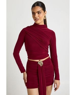 Boohoo Double Layer Slinky High Neck Wrap Long Sleeve Top - Red