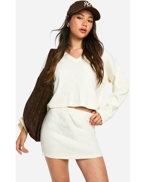 Boohoo Brushed Rib V Neck Boxy Top & Mini Skirt Set - White