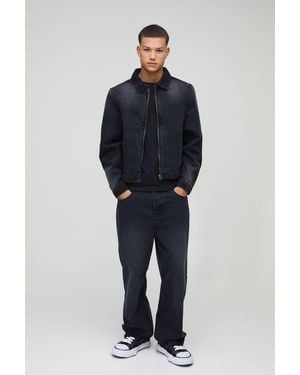 BoohooMAN Harrington Washed Jean Jacket - Blue