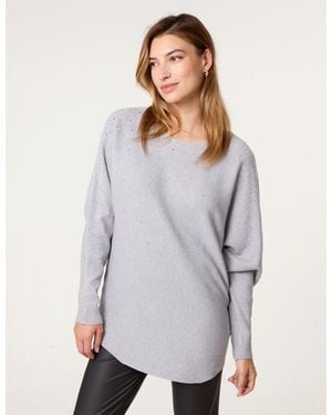 Blue Vanilla Long Sleeve Diamante Detailed Batwing Jumper - Grey