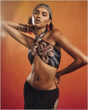 River Island Crop Top Beaded Floral Halter Neck Viscose - Orange