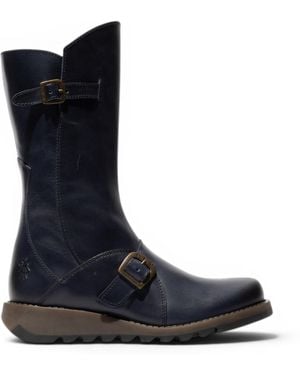Fly London Wine Mes 2 Wedge Heel Buckle Mid-Calf Leather Zip Platform Boots - Blue
