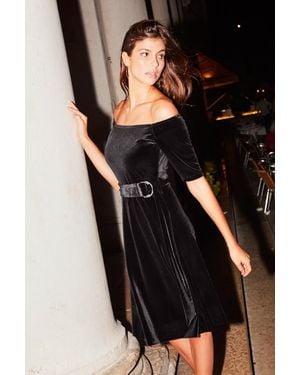 Sosandar Velvet Belted Bardot Dress - Black