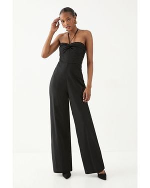 MissPap Linen Look Twist Halter Neck Jumpsuit - Black
