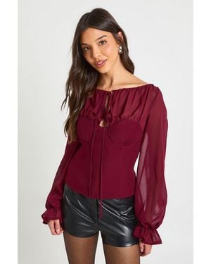 Boohoo Chiffon Crepe High Neck Blouse - Red