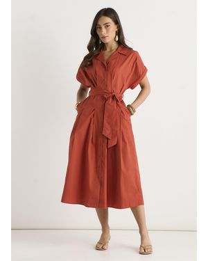 Gini London Cotton Button Through Belted Shirt Dress - Red