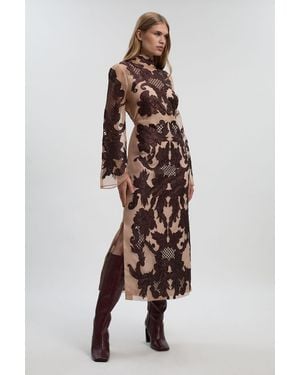 Karen Millen Baroque Organdie Applique And Beaded Bell Sleeve Woven Midi Dress - Pink