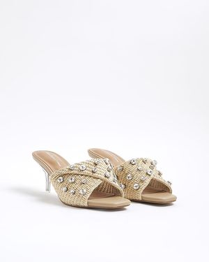 River Island Heeled Mule Sandals Raffia Twist Textile - White
