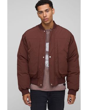 BoohooMAN Oversized Seam Detail Peached Nylon Bomber Jacket - Brown