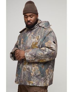 BoohooMAN Plus Oversized Forest Camo Hooded Funnel Neck Puffer Jacket - Grey
