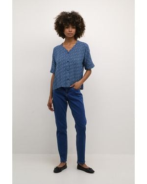 Cream Short Sleeved Shirt Boxy Fit - Blue
