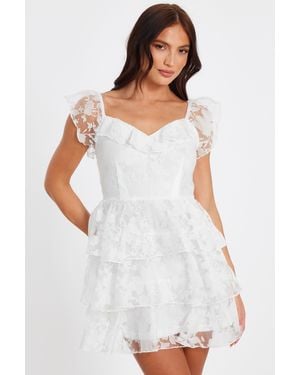 Quiz Chiffon Floral Skater Dress Elastane - White