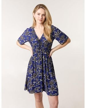 Blue Vanilla Shirred Waist Beaded V Neck Mini Dress - Blue