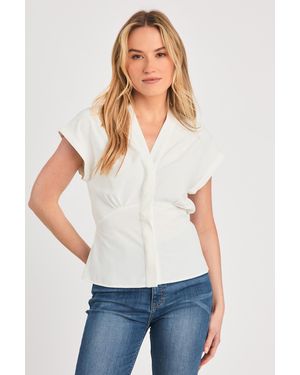 French Connection Off V-Neck Button Up Short Sleeve Crepe Blouse - White