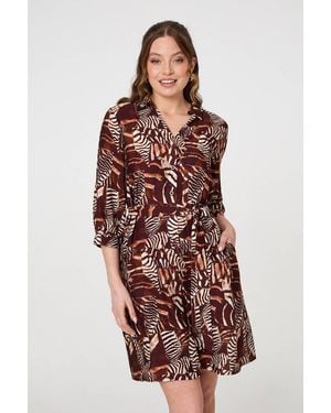Izabel London Animal Print Tie Waist Shirt Short Dress - Red