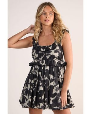 Nasty Gal Graphic Floral Ruffle Lace Trim Bubble Hem Mini Dress - Black