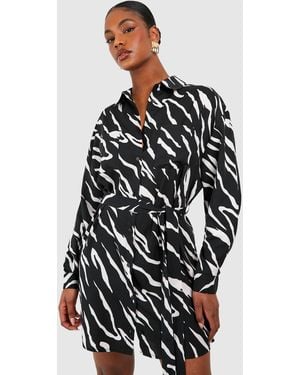 Boohoo Tall Woven Zebra Belted Shirt Dress - Black