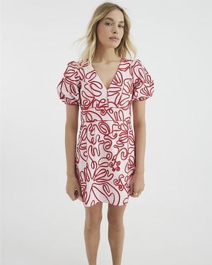 River Island Mini Dress Short Puff Sleeve Floral V-Neck Cotton - Red