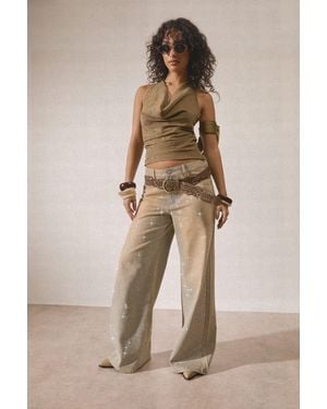 Boohoo Embellished High Waisted Wide Leg Jean - Natural
