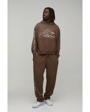 BoohooMAN Oversized Boxy Script Washed Loopback Hooded Tracksuit - Brown