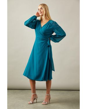 Wallis Petite Occasion Embellished Shoulder Wrap Midi Dress - Blue