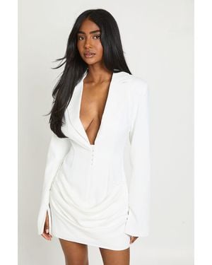 Boohoo Tailored Structured Shoulder Pad Hook And Eye Blazer Dress - White