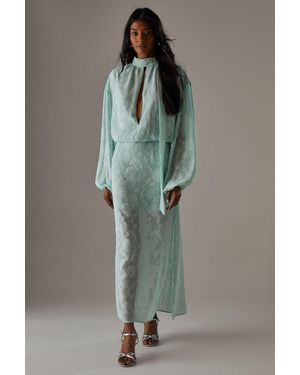 Warehouse Chiffon Jacquard High Neck Slash Front Blouse - Green