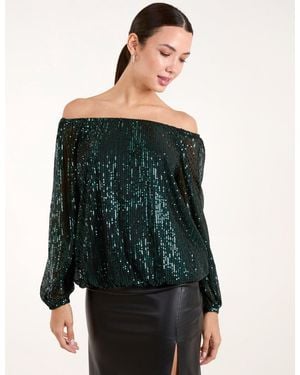 Blue Vanilla Elastic Neck Puffball Sequin Top - Green